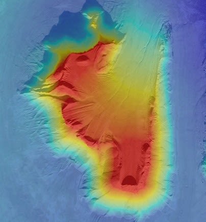 Drone-derived digital surface model with a blue-to-red elevation color ramp and hillshade relief used for topographic modeling