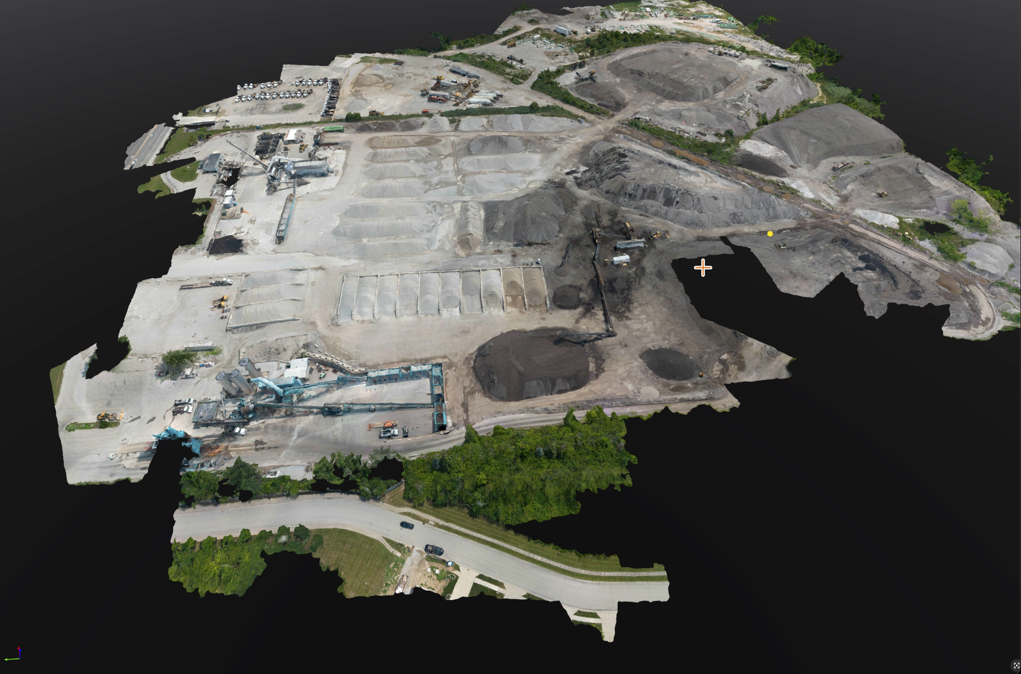 Photogrammetry textured 3D mesh of an aggregate and asphalt production yard rendered as a web-viewable digital twin, showing stockpiles, processing equipment, and haul roads