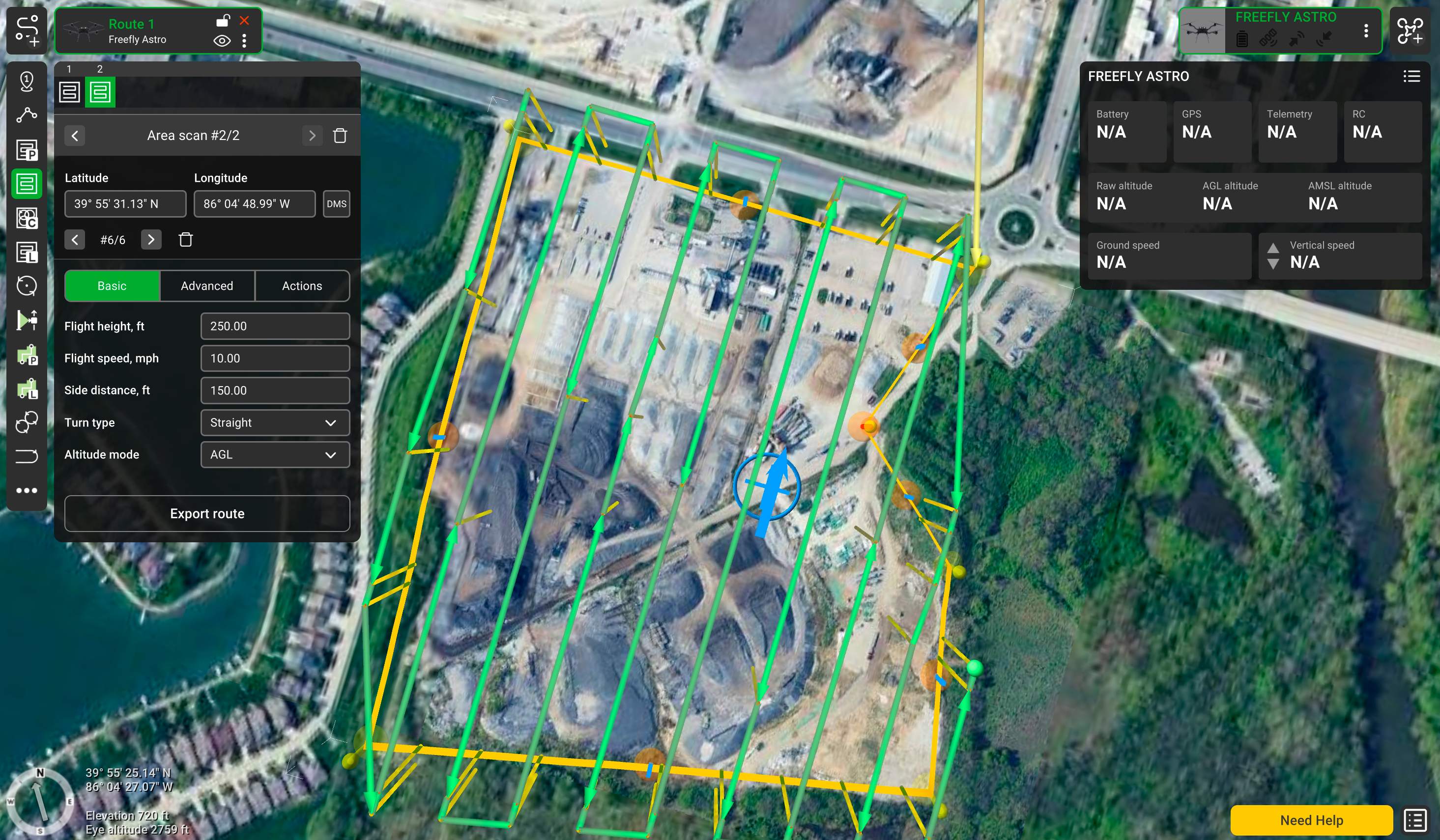 UgCS area-scan mission planner showing a serpentine survey grid over an active aggregate quarry, with flight height, speed, and side-distance settings and the Freefly Astro telemetry panel