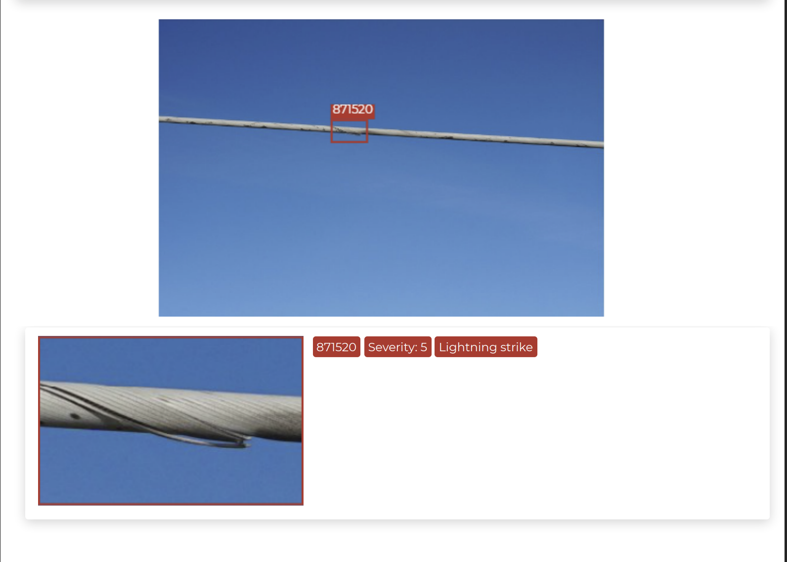 Scopito annotated conductor report showing lightning-strike damage rated Severity 5 with a close-up of frayed strands
