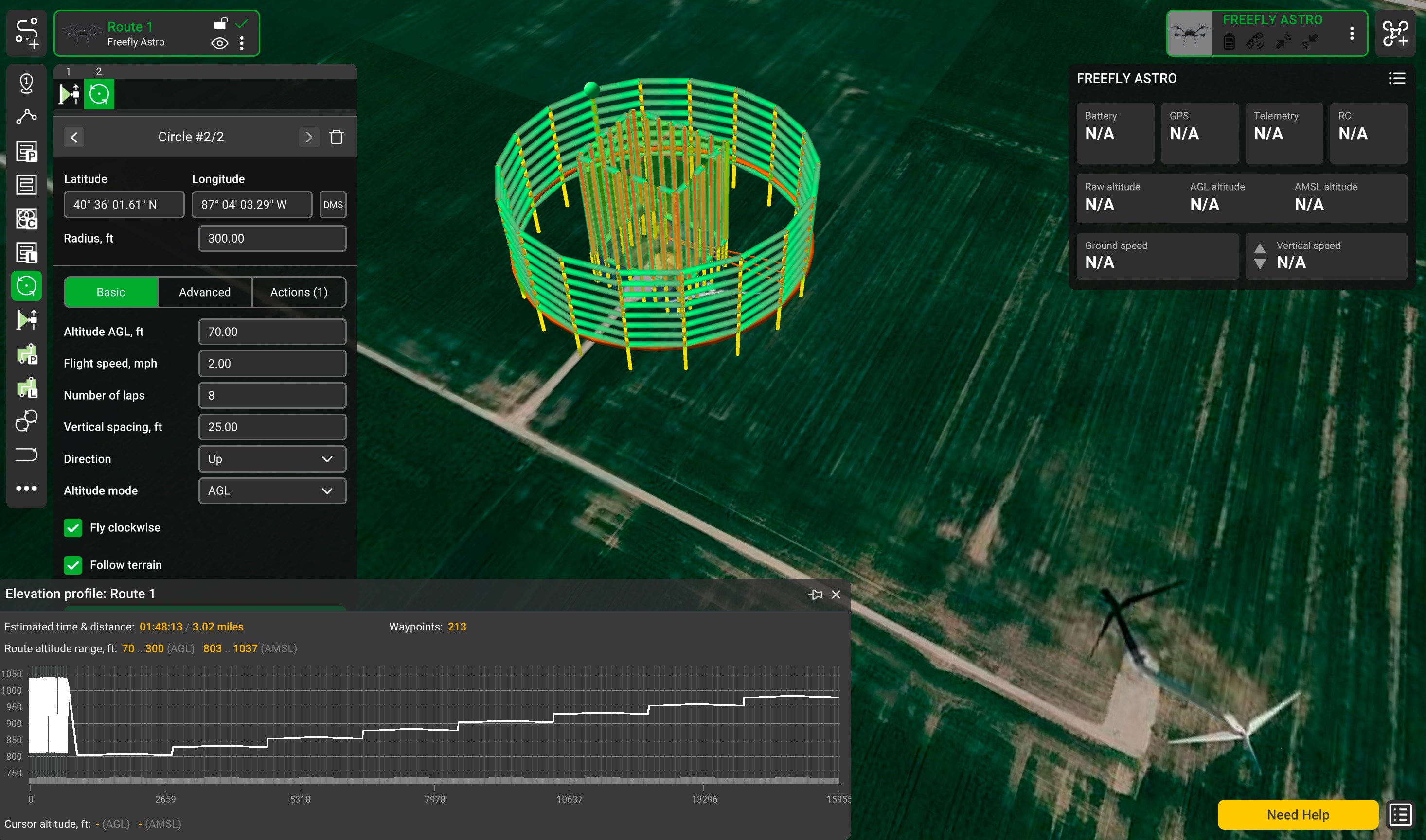 UgCS mission planner showing a 3D circlegrammetry orbit around a wind turbine on a Freefly Astro route — 300 ft radius, 70 ft AGL, 8 laps, 213 waypoints with an elevation profile