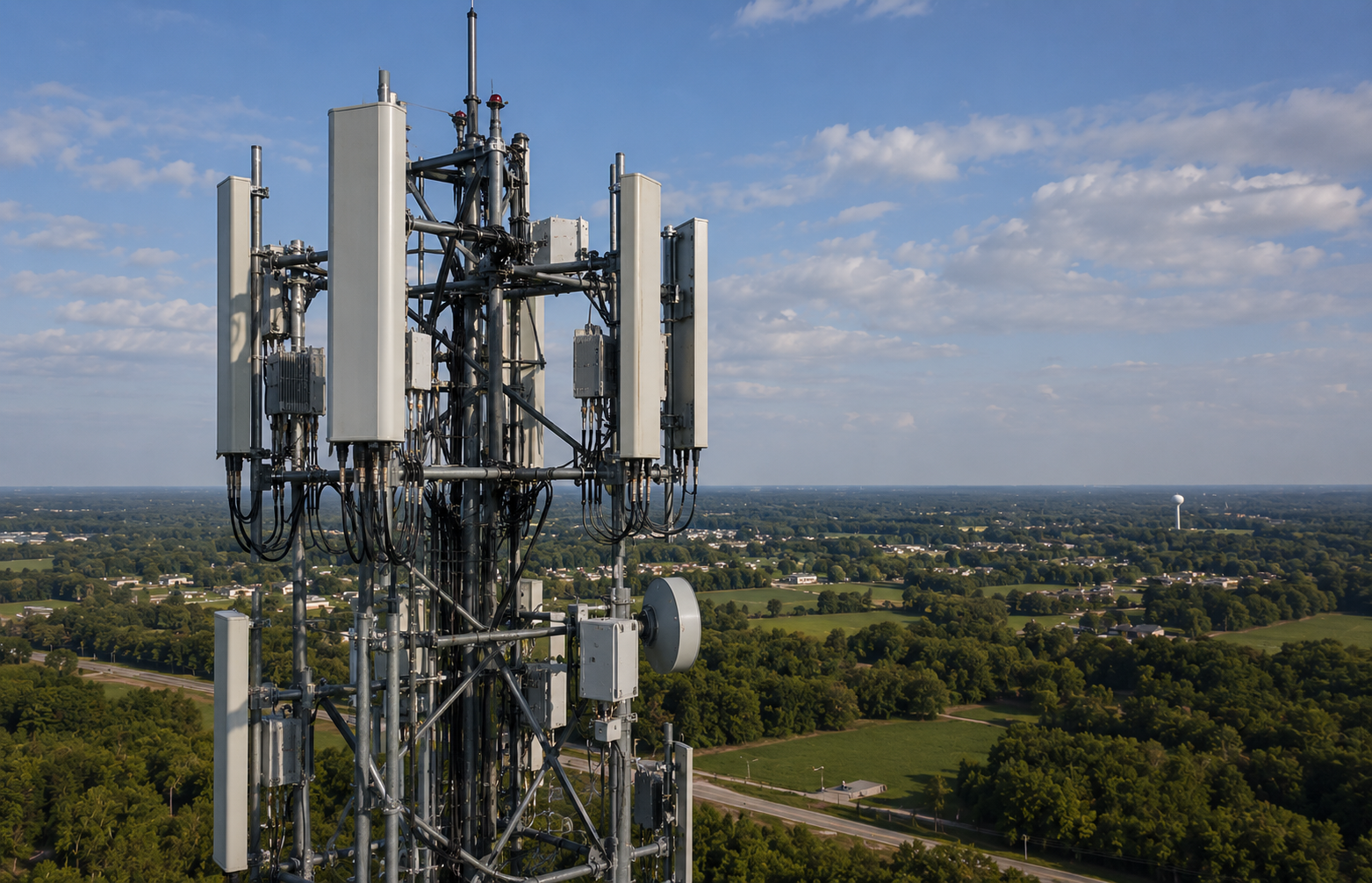 Close aerial drone view of a cell tower head with white panel antennas, remote radio units, coax cabling, and a microwave dish above green rural farmland